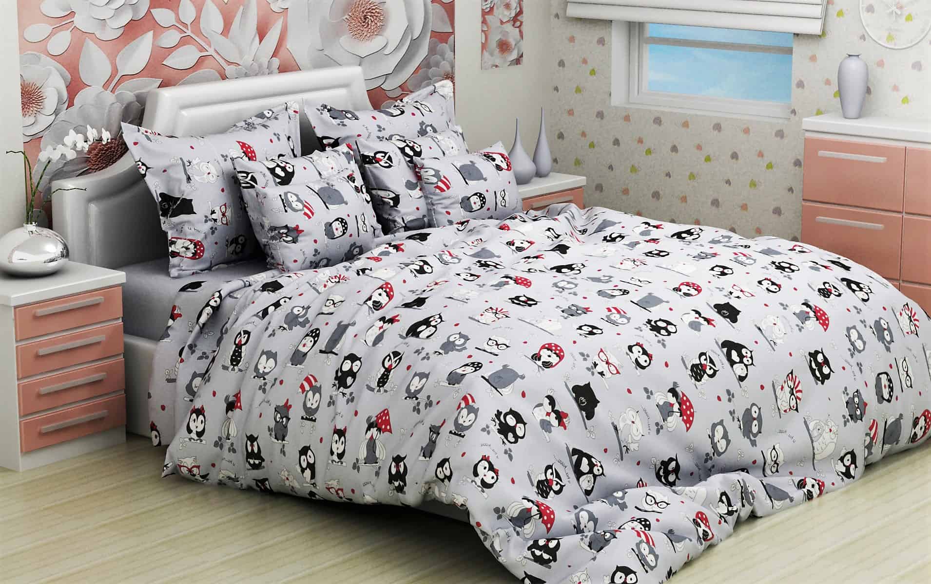 Постельное белье Vpostelke ранфорс Совы Евро 220х240 см серое