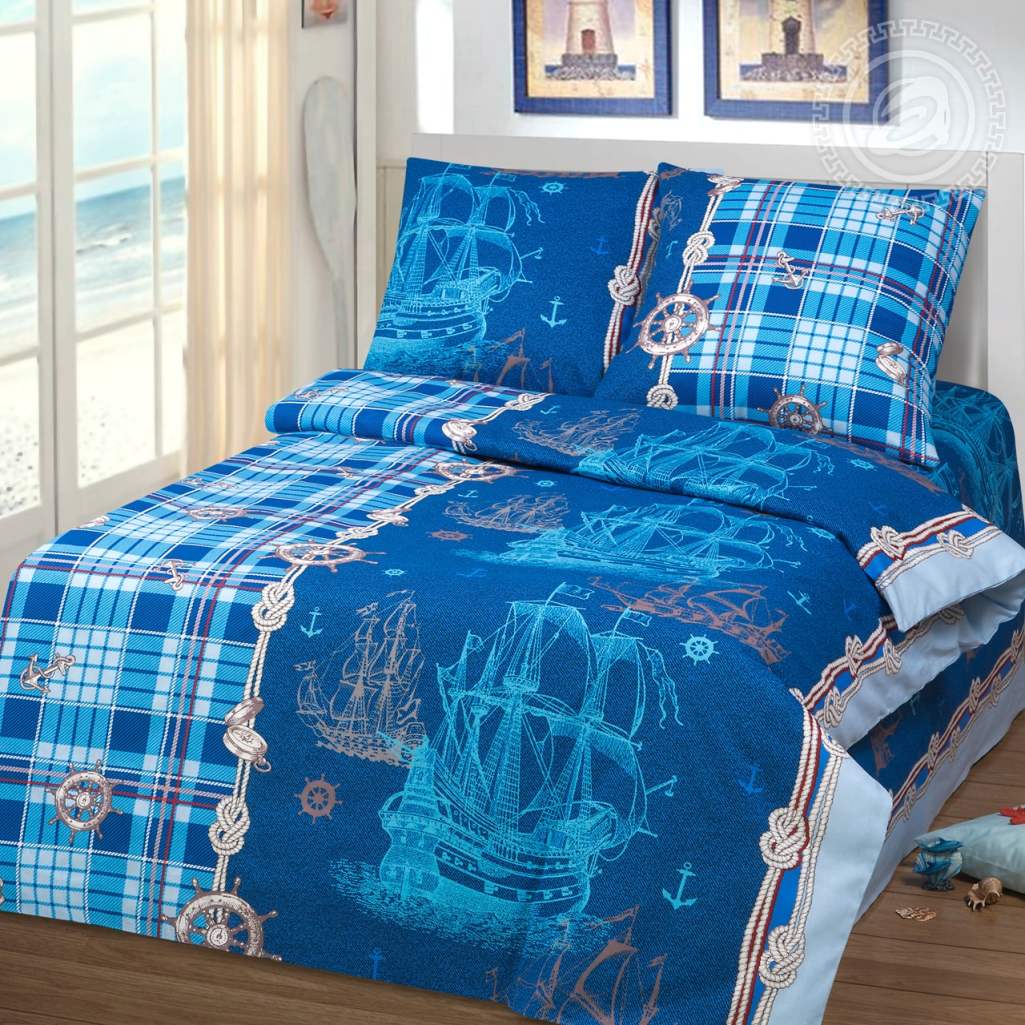 Постельное белье Vpostelke бязь Бригантина корабли 1.5-Спальный 150х220 см синий