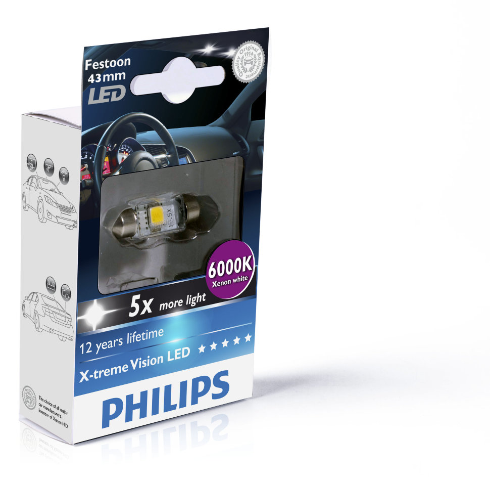 Лампа светодиодная PHILIPS X-tremeVision LED C5W, Festoon 30 мм, дневной свет 6000K 12V 1W, 1шт, 129416000KX1