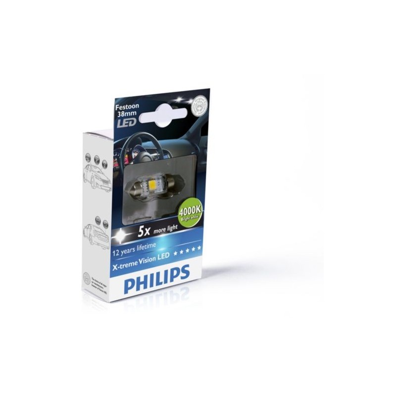 Лампа светодиодная PHILIPS X-tremeVision LED C5W, Festoon 43 мм, яркий белый свет 4000K 12V 1W, 1шт, 129454000KX1