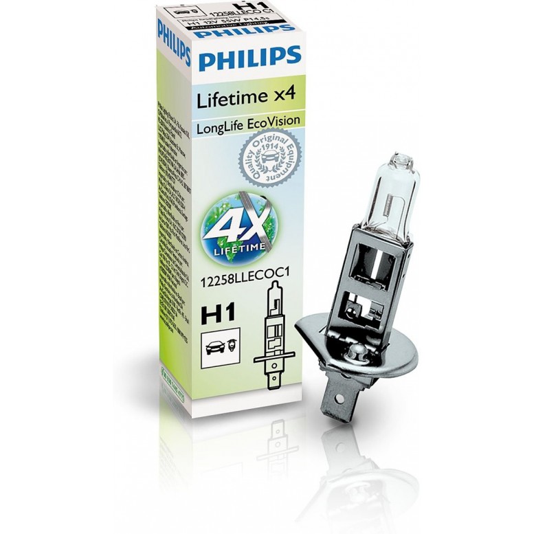 Лампа галогенная PHILIPS H1 LongLife EcoVision 12V 55W, 1шт, 12258LLECOC1