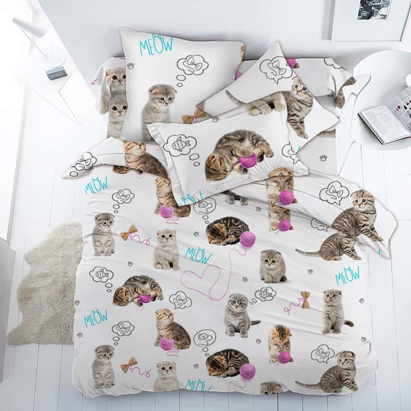 Постельное белье Vpostelke поплин Пушистики котята 1-Спальный 150х220 см белое