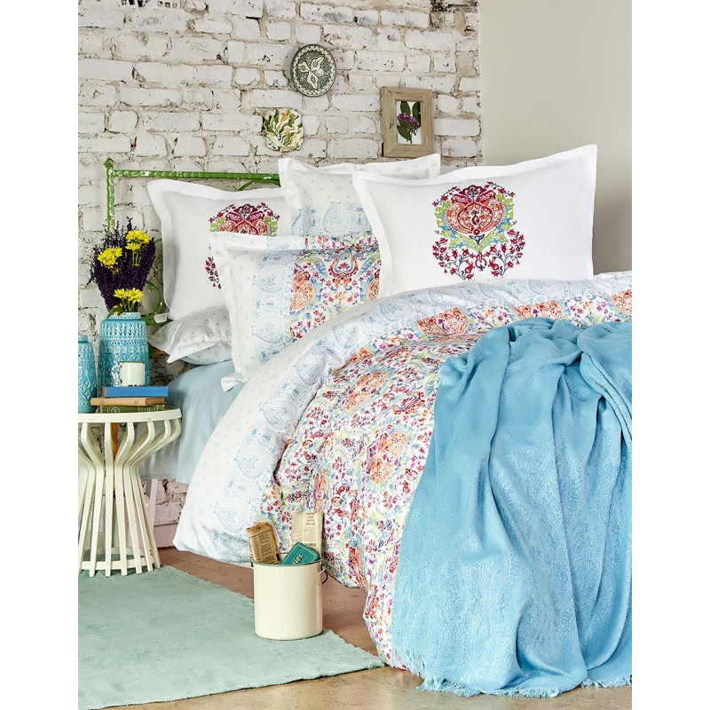 Набор постельное белье с пледом Karaca Home - Diandra turkuaz 2018-2 бирюзовый евро