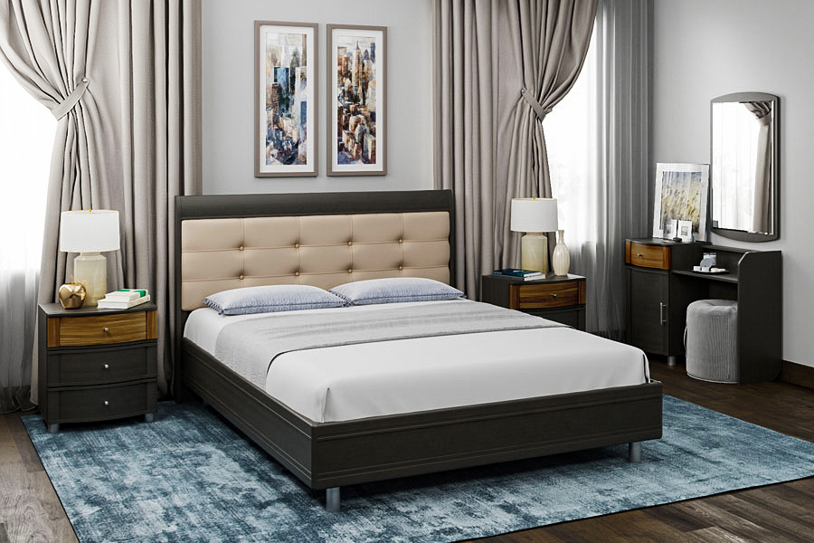 Спальня комплект Лером Дольче Нотте из МДФ 180*200 см Дуб Венге, вставки ящиков Слива Валлис (ler-1260)