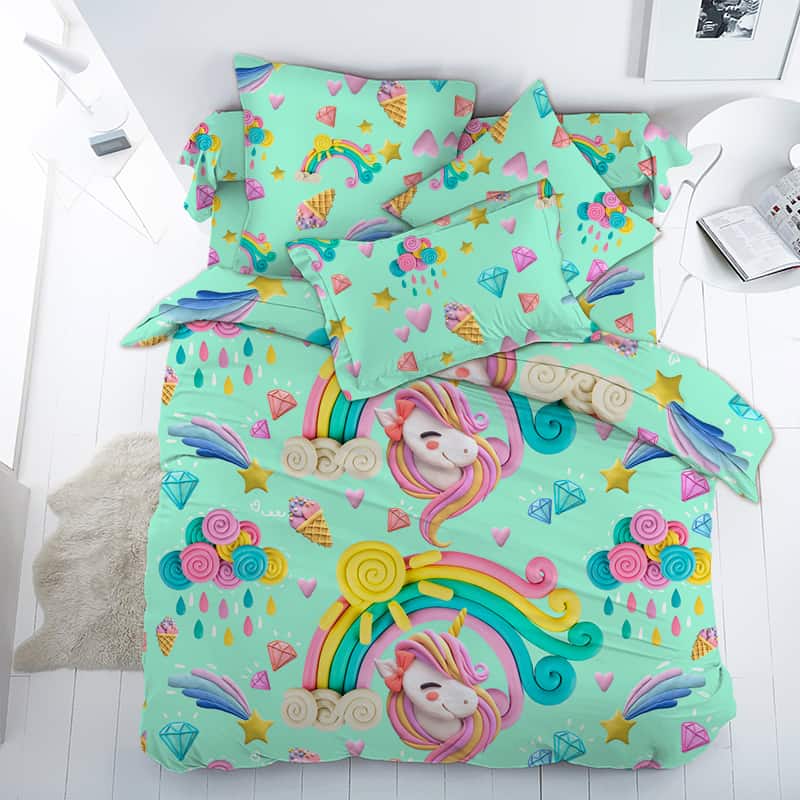 Постельное белье Vpostelke поплин Пластилиновый мир Единорогов 1.5-Спальный 150х220 см мятный