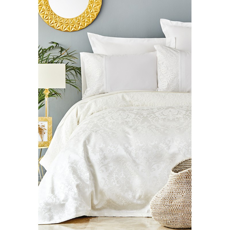 Набор постельное белье с покрывалом пике Karaca Home - Janset ekru 2019-2 молочный евро (5755)