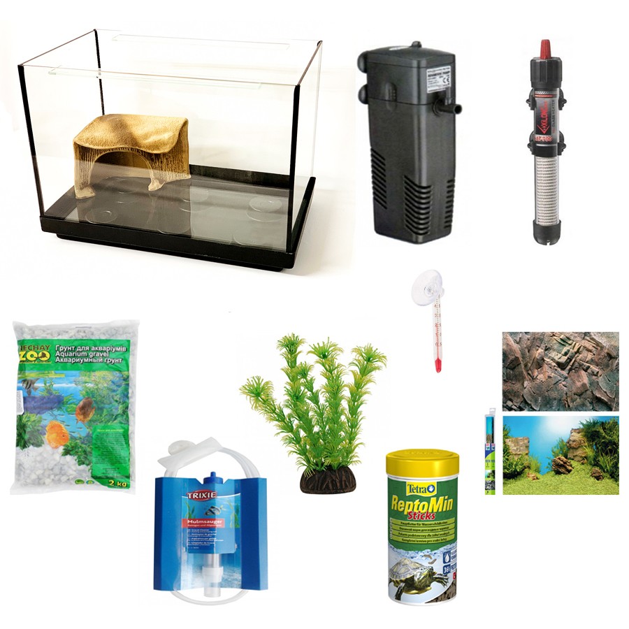 Аквариум для черепах набор Люкс 60 л прямоугольный 500-300-400 мм, 4 мм