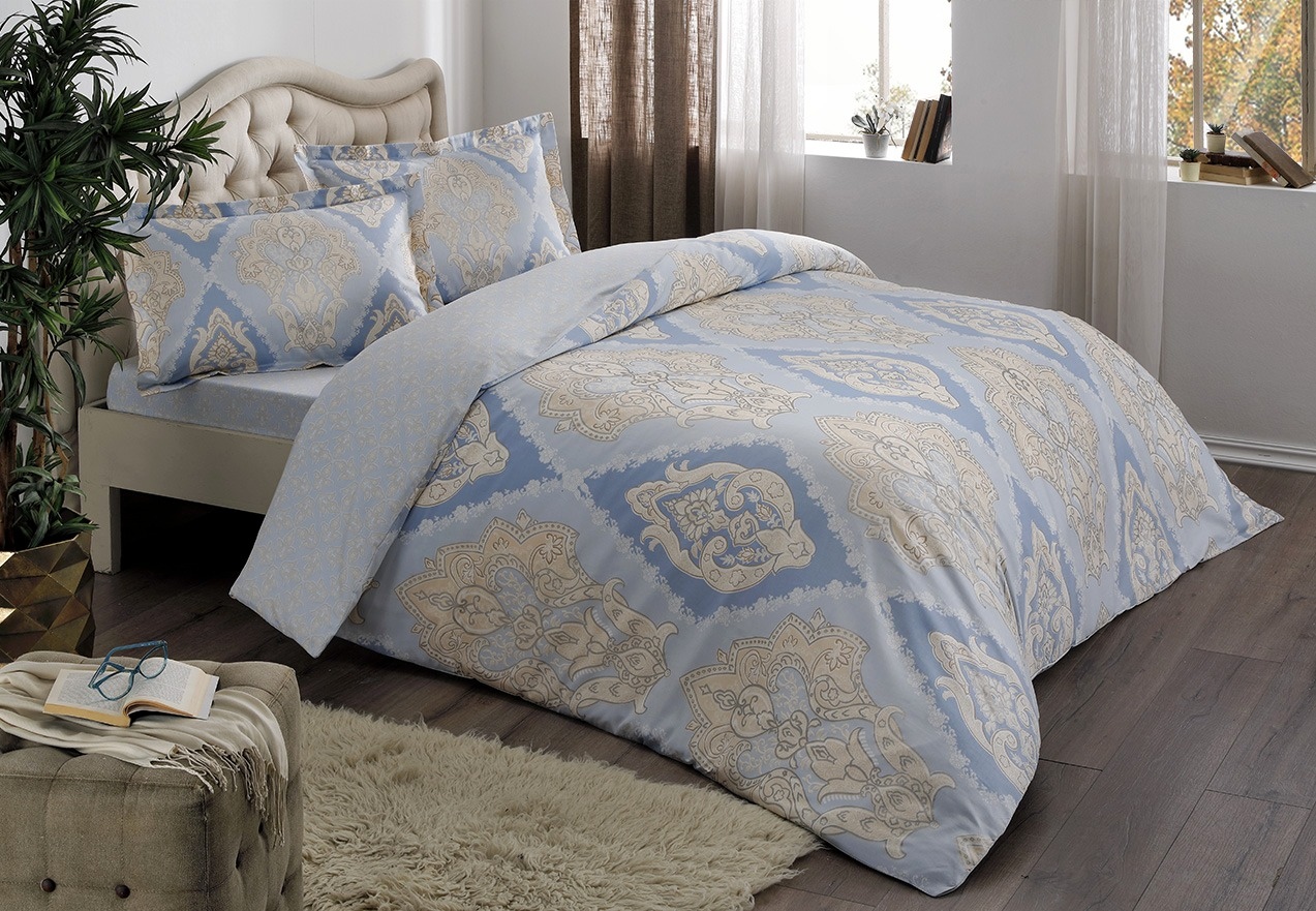 Комплект постельного белья Tac сатин Vales V01 mavi евро плюс голубой