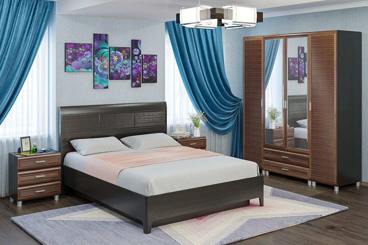 Спальня комплект Лером Мелисса из МДФ 160*200 см Корпус Дуб Венге, фасады Слива Валлис (ler-1370)
