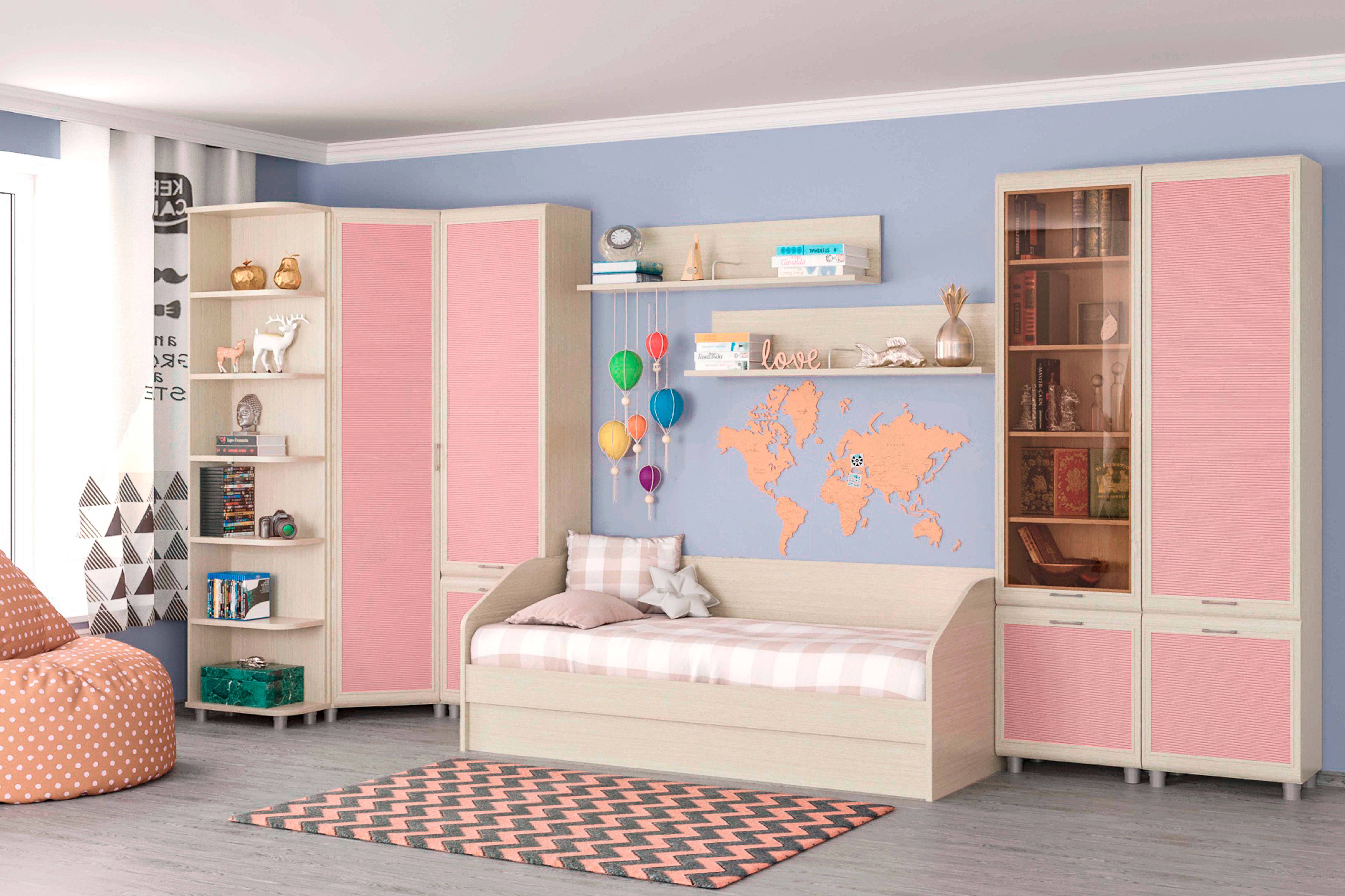 Детская мебель комплект Ксюша из МДФ 90*190 см Дуб Беленый с розовыми вставками (ler-1561)
