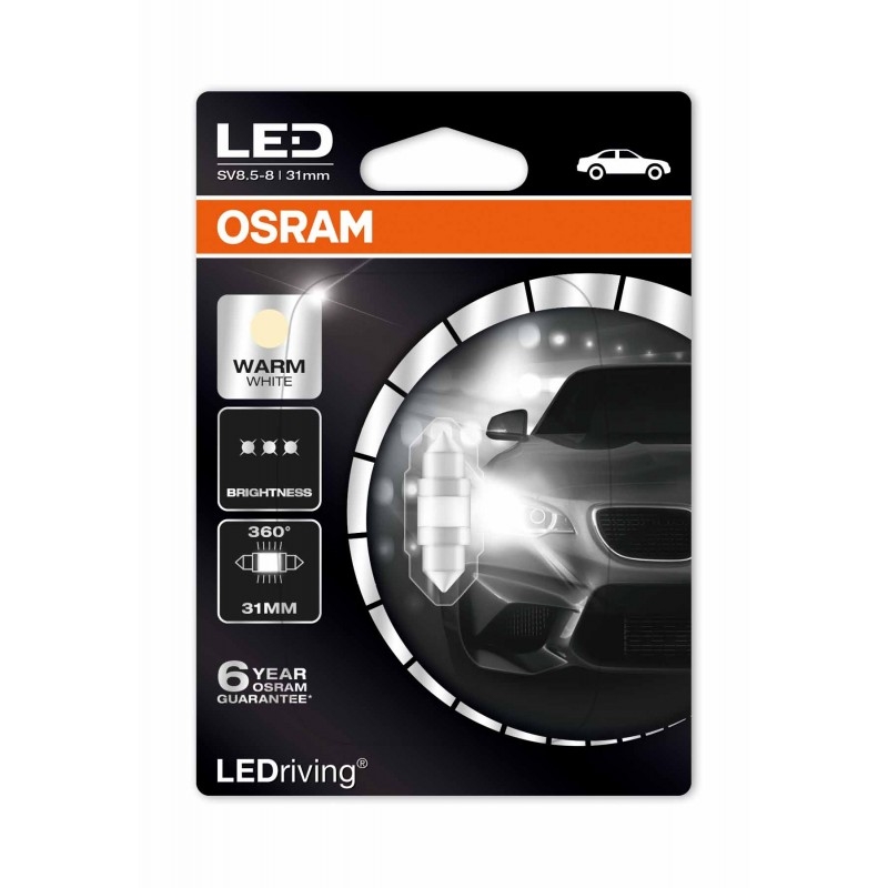 Лампа светодиодная OSRAM C5W 31mm Premium Warm White 12V 1W LED 4000K, 1шт, 6497WW-01B (бл.1)