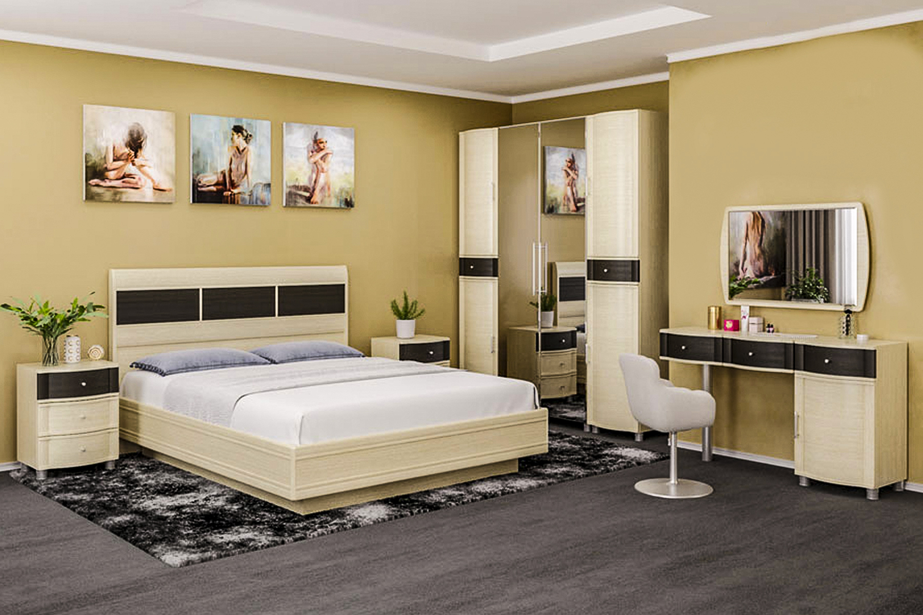 Спальня комплект Лером Дольче Нотте из МДФ 160*200 см Дуб Беленый - комбинированный (ler-1209)