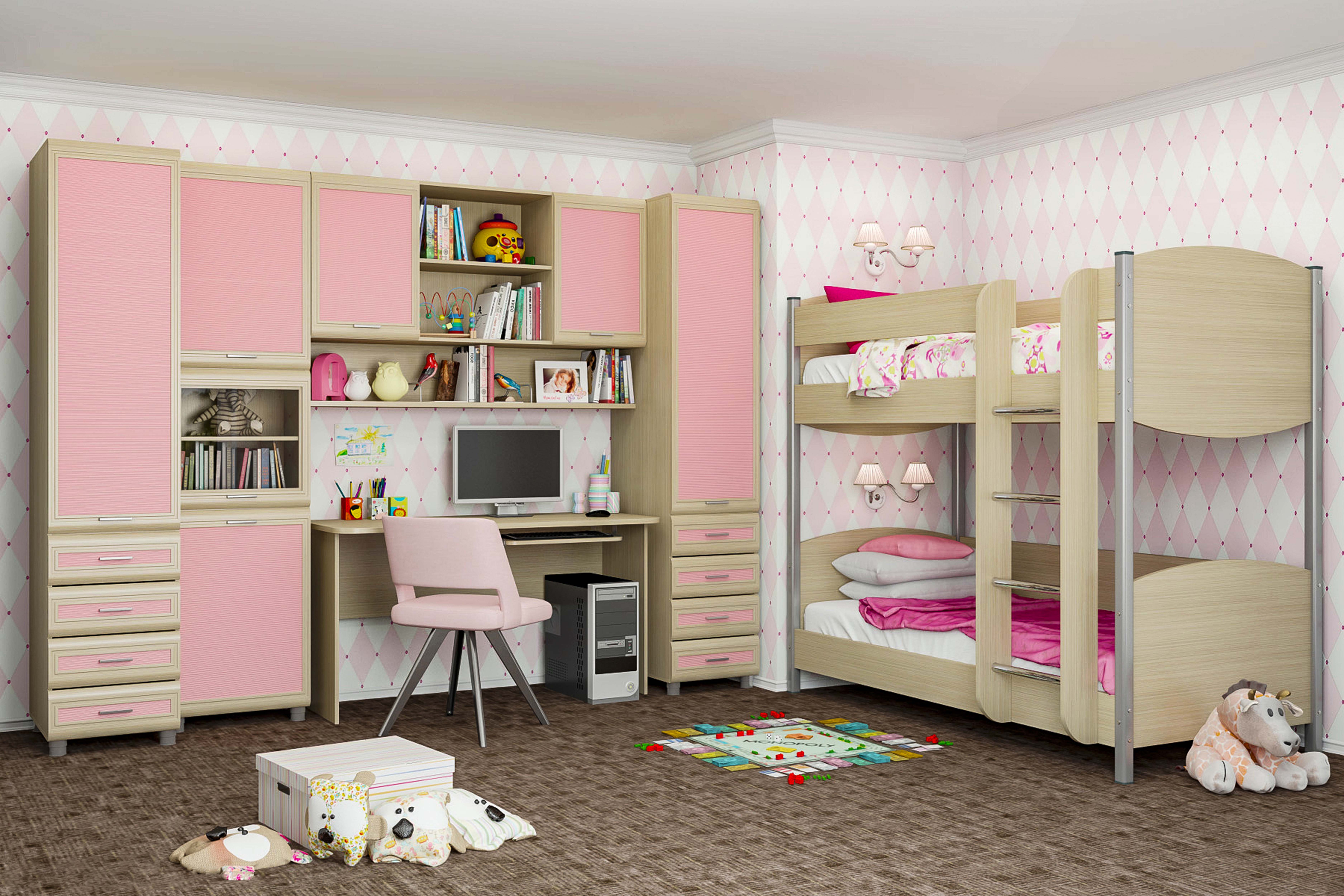 Детская мебель комплект Ксюша из МДФ 90*190 см Дуб Беленый с розовыми вставками (ler-1591)